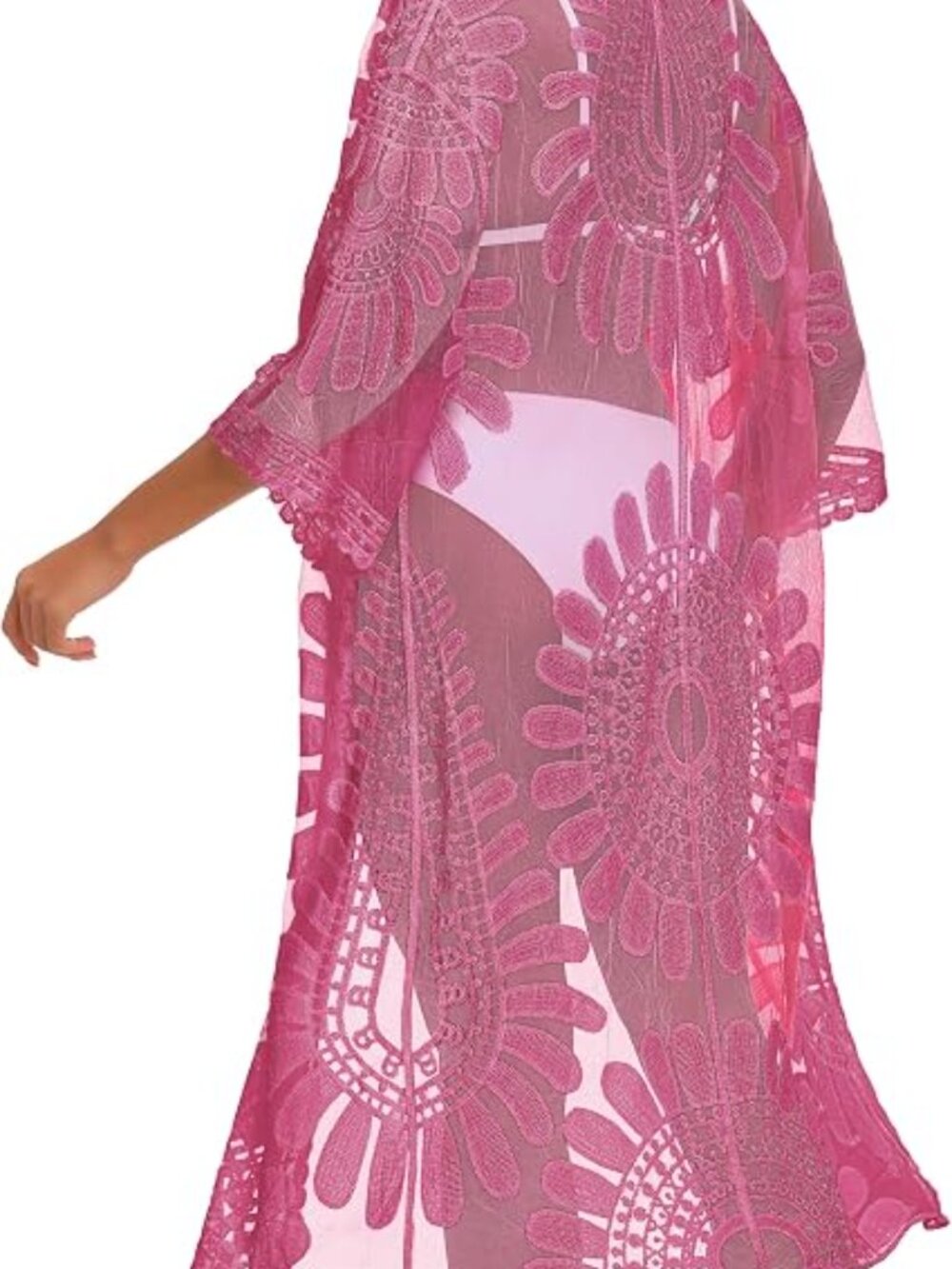 Pink Floral Long Lace Sheer Kimono Beach Cover Up - Picture 6 of 6